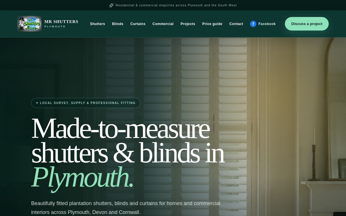 MR Shutters Plymouth website shown in full